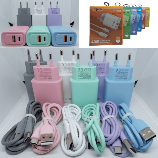 Carregador Inova 40W Tipo-C CAR-3135C - Diversas Cores
