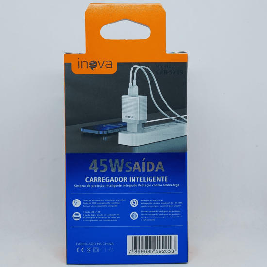 Carregador INOVA - 45W com 1 Entrada USB e 1 Entrada Type-C - CAR-5219