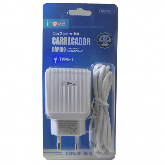 Carregador Inova 4.8a Turbo 2usb com cabo removível usb/tipo-c