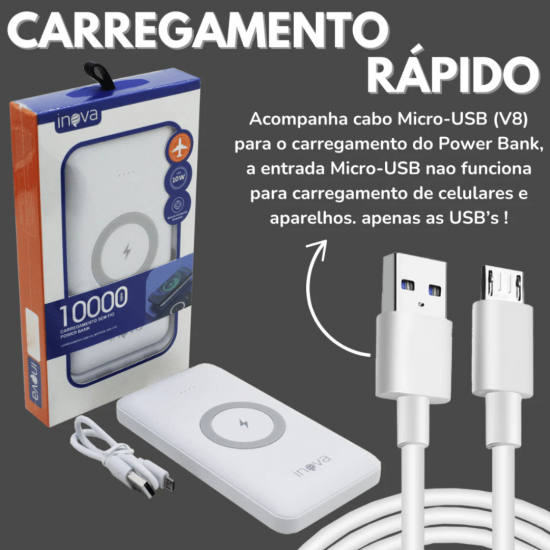 Carregador Portátil Powerbank Indução 10000mah Wireless Charger Sem Fio Original Inova