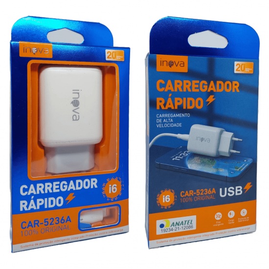 Carregador Rápido 20W Cabo Lightning CAR-5236A Inova