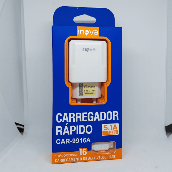 Carregador Rápido 3 USB 5.1A Com Cabo Iphone Inova CAR-9916A