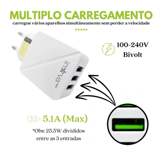 Carregador Rápido Fonte 3 Usb Inova 5.1a Universal