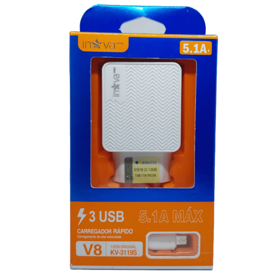 Carregador Rápido Fonte 5.1a 3 Entradas Original Turbo Inova