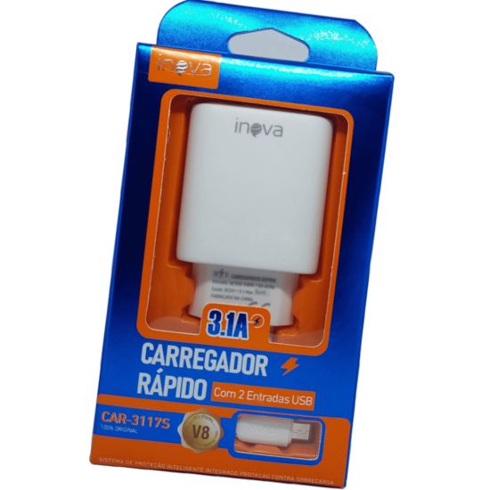 Carregador Rápido Inova 3.1A com 2 Portas USB e Cabo V8