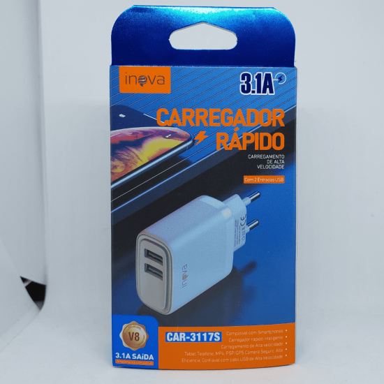 Carregador Rápido Inova 3.1A com 2 Portas USB e Cabo V8