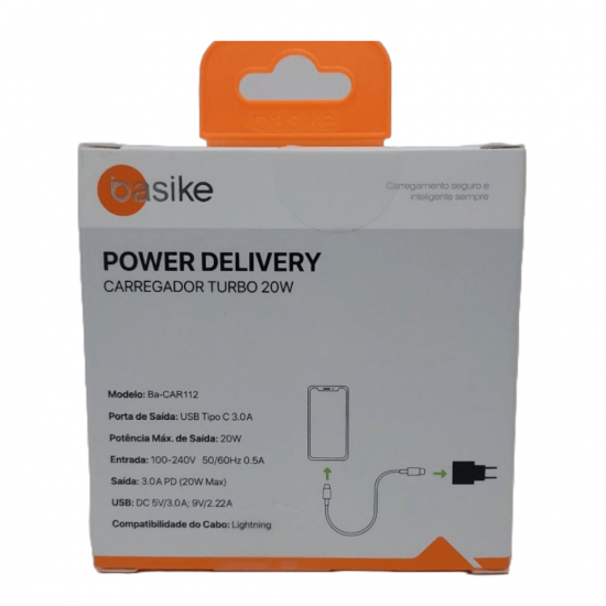 Carregador Turbo 20W Power Delivery Com Cabo Tipo-C/Lightning Incluso - Basike