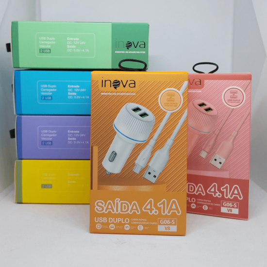 Carregador Veicular 2 USB 4.1A Com Cabo V8 Inova G06-S
