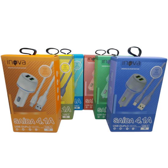 Carregador Veicular 2 USB 4.1A Com Cabo V8 Inova G06-S