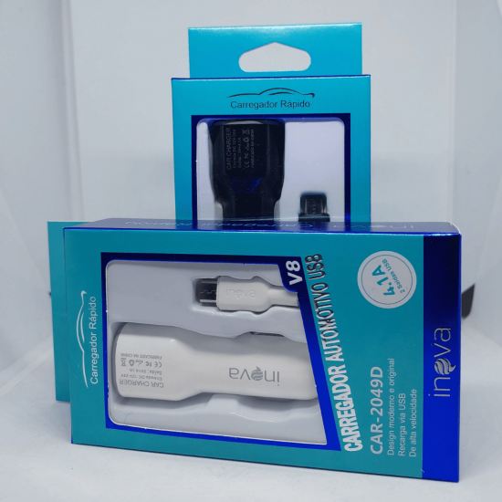 Carregador Veicular 4.1A com 02 Portas USB com Cabo V8 - INOVA