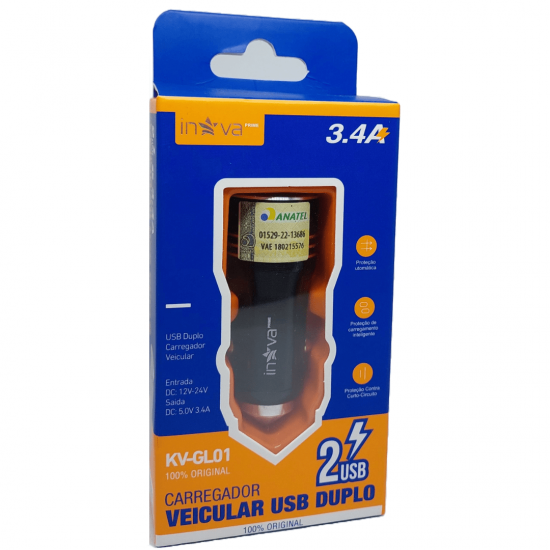 Carregador Veicular Prime 2.4A & 3.4A com 2 saídas USB - INOVA