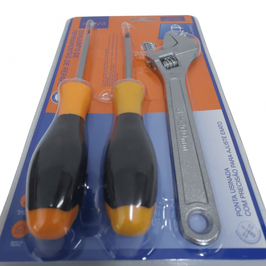 CONJUNTO 3 PECAS DE FERRAMENTAS MANUAIS, SENDO: CHAVE DE FENDA, CHAVE PHILLIPS, CHAVE INGLESA - MD-12761