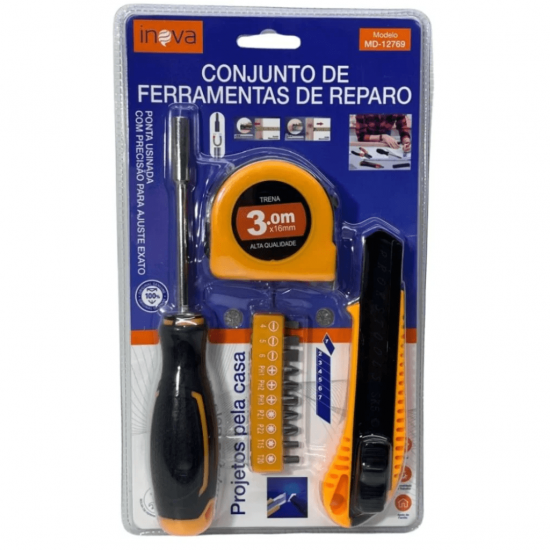 CONJUNTO 3 PECAS DE FERRAMENTAS MANUAIS, SENDO: ESTILETE, TRENA, CHAVE INTERCAMBIAVEL - MD-12769