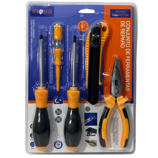 CONJUNTO 5 PECAS DE FERRAMENTAS MANUAIS, SENDO: CHAVE DE FENDA, CHAVE TESTE, CHAVE PHILLIPS, ALICATE - MD-12764