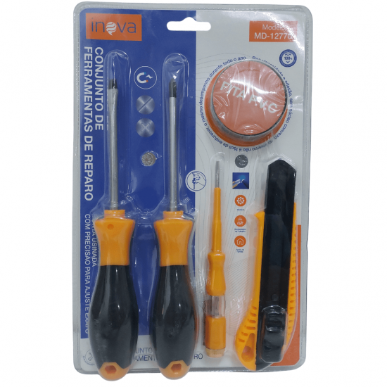 CONJUNTO 5 PECAS DE FERRAMENTAS MANUAIS, SENDO: CHAVE DE FENDA, CHAVE TESTE, CHAVE PHILLIPS, FITA PVC - MD-12770