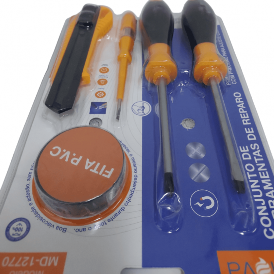 CONJUNTO 5 PECAS DE FERRAMENTAS MANUAIS, SENDO: CHAVE DE FENDA, CHAVE TESTE, CHAVE PHILLIPS, FITA PVC - MD-12770