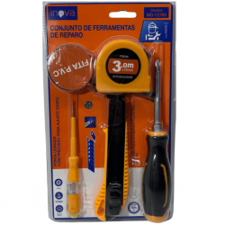 CONJUNTO 5 PECAS DE FERRAMENTAS MANUAIS, SENDO: CHAVE DE FENDA, CHAVE TESTE, TRENA, FITA PVC , ESTILETE - MD-12763