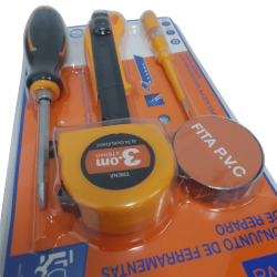 CONJUNTO 5 PECAS DE FERRAMENTAS MANUAIS, SENDO: CHAVE DE FENDA, CHAVE TESTE, TRENA, FITA PVC , ESTILETE - MD-12763