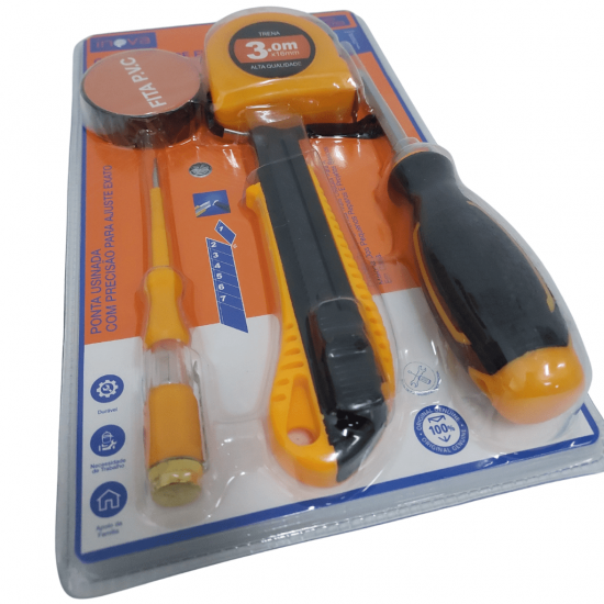 CONJUNTO 5 PECAS DE FERRAMENTAS MANUAIS, SENDO: CHAVE DE FENDA, CHAVE TESTE, TRENA, FITA PVC , ESTILETE - MD-12763