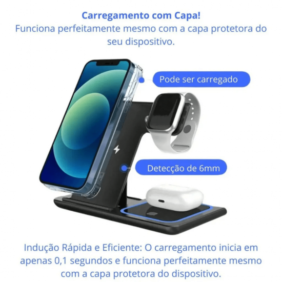 Estação Carregador por Indução Sem Fio Dobrável 3 em 1 Inova
