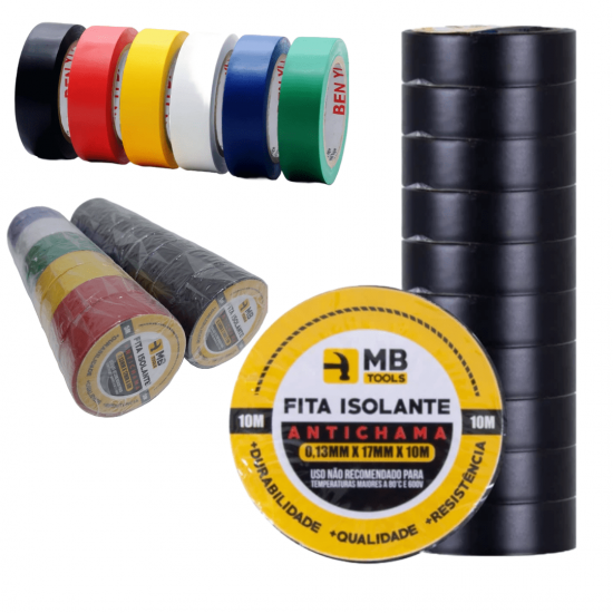 FITA ISOLANTE PRETA E DE CORES SORTIDAS 5M E10M COM 10 UNIDADES