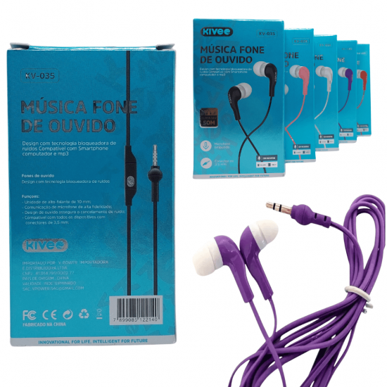 Fone De Ouvido com Fio Microfone Super Bass kivee kv-035 cores sortidas
