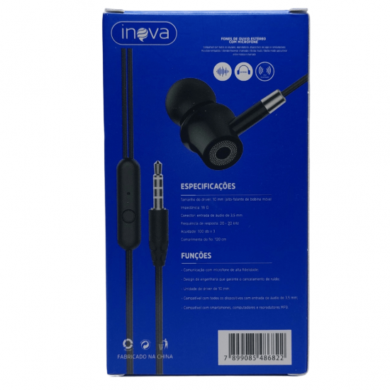 Fone de Ouvido com fio P2 Original Inova com cores sortidas - fon-9896