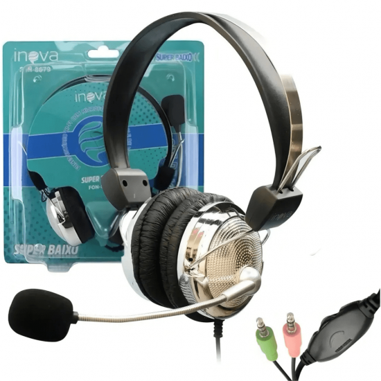 Fone de Ouvido Inova Headsets Cromado Stereo Microfone Embutido Alças Flexíveis FON-8679
