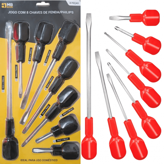 Jogo De Chave De Fenda / Phillips Com 8 Peças Aço MB TOOLS Bom Encaixe Diversas Medidas Home Profissional Preto