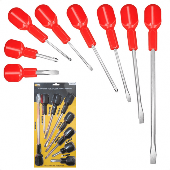 Jogo De Chave De Fenda / Phillips Com 8 Peças Aço MB TOOLS Bom Encaixe Diversas Medidas Home Profissional Preto