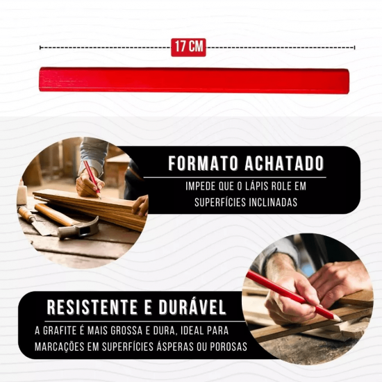 Kit 12 Lápis Para Carpinteiro Marceneiro Pedreiro Formato Achatado Em Madeira Profissional - GB59209