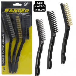 Kit 3 Peças Super Escovas Para Limpeza Multiuso em Aço Carbono, Latão e Nylon com Cabo Plástico - rje-0900