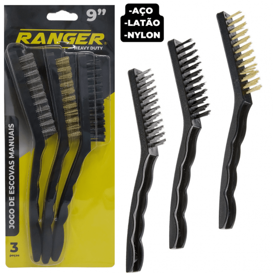 Kit 3 Peças Super Escovas Para Limpeza Multiuso em Aço Carbono, Latão e Nylon com Cabo Plástico - rje-0900