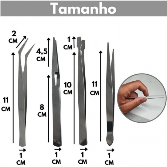 Kit 4 Pinças Precisão Aço Curva Reta Chata Profissional Manutenção Eletrônica Relógio Celular