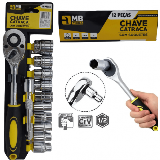 Kit Chaves Jogo Catraca Reversível Soquetes 12 Peças 1/2 - GB59190