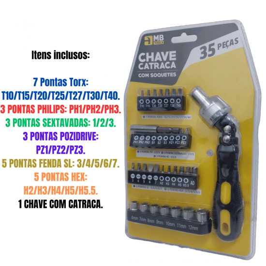 Kit Chaves Jogo Catraca Reversível Soquetes 35 Peças Profissional Maleta