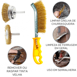 KIT de Escovas De Aço Manual e para furadeira Limpa Grelhas Tira Ferrugem - top5227