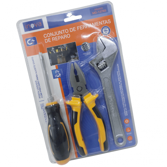 KIT DE FERRAMENTAS - 1 CHAVE DE FENDA, 1 ALICATE E 1 CHAVE INGLESA - MD-12765 - INOVA