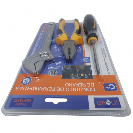 KIT DE FERRAMENTAS - 1 CHAVE DE FENDA, 1 ALICATE E 1 CHAVE INGLESA - MD-12765 - INOVA