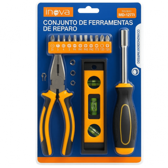 KIT DE FERRAMENTAS - alicate, nívelador de Bolha , Chave de Fenda com Pontas Intercambiáveis - MD-12771