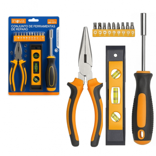 KIT DE FERRAMENTAS - alicate, nívelador de Bolha , Chave de Fenda com Pontas Intercambiáveis - MD-12771