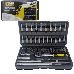 Kit Jogo De Chaves Catraca Reversível Soquete Aço Crv Chave Allen 46 Peças Ferramenta Completa Maleta Profissional