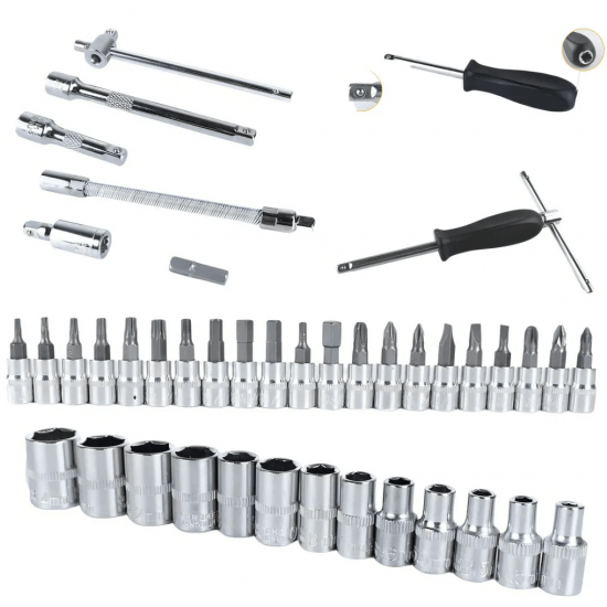 Kit Jogo De Chaves Catraca Reversível Soquete Aço Crv Chave Allen 46 Peças Ferramenta Completa Maleta Profissional