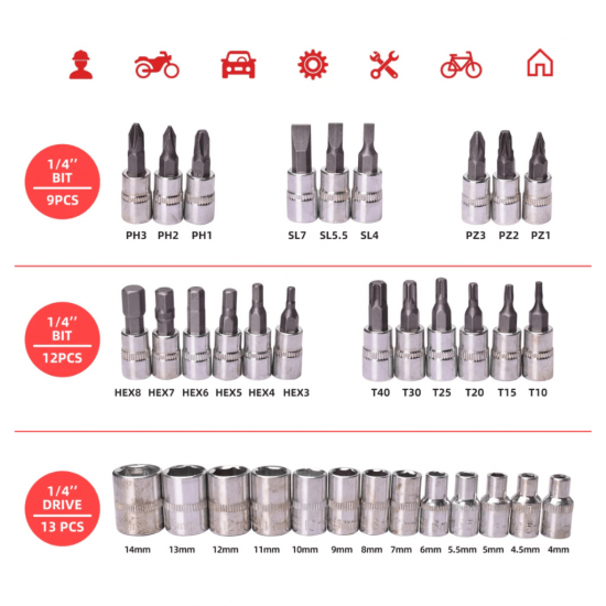 Kit Jogo De Chaves Catraca Reversível Soquete Aço Crv Chave Allen 46 Peças Ferramenta Completa Maleta Profissional