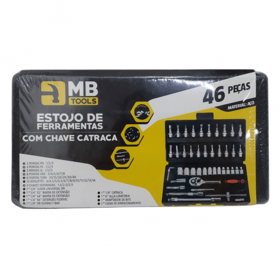 Kit Jogo De Chaves Catraca Reversível Soquete Aço Crv Chave Allen 46 Peças Ferramenta Completa Maleta Profissional