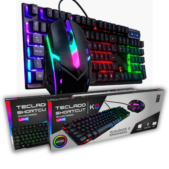 Kit Teclado E Mouse Gamer Com Led Rgb Ergonômico Preto Abnt2
