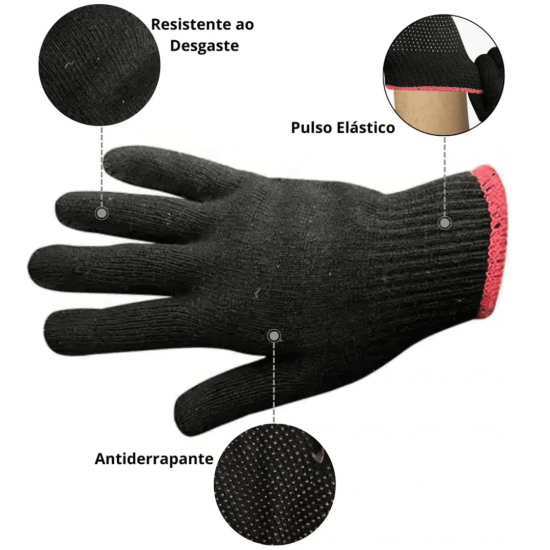 LUVA PRETA DE MALHA, DE ALGODAO, C/ PIGMENTO