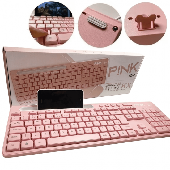 Teclado Para Computador Na Cor Rosa Com Suporte De Celular