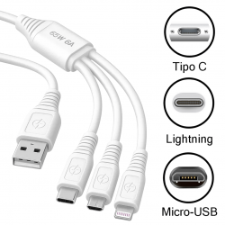 Cabo Carregador 65W Turbo 3 em 1 USB-C, Micro-USB e Lightning - Inova