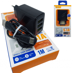 Carregador 5.1A 3 Portas USB C/ Cabo Lightning, v8 e/ou tipo-c - INOVA CAR-3250